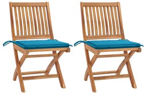 vidaXL Cadeiras de jardim c/ almofadões azuis 2 pcs teca maciça