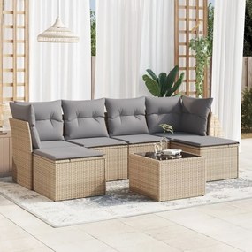7 pcs conjunto de sofás p/ jardim com almofadões vime PE bege