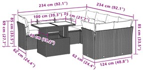 9 pcs conjunto sofás p/ jardim com almofadões vime PE cinzento