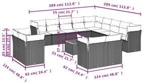 14 pcs conjunto sofás p/ jardim c/ almofadões vime PE cinzento