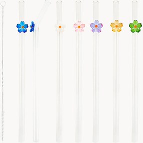 Palhinhas em vidro borossilicato com escova Miniature Flowers, conjunto de 7