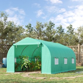 Estufa Tipo Túnel 450x300x200 cm Estufa de Jardim com Porta e 6 Janelas Enroláveis Cobertura de PE e Aço Verde