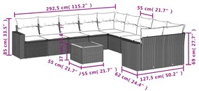 11 pcs conjunto sofás de jardim c/ almofadões vime PE cinzento