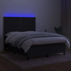 Cama box spring c/ colchão e LED 140x200 cm tecido preto