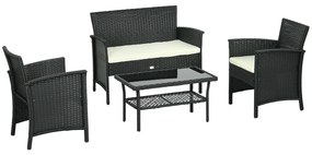 Outsunny Conjunto de Jardim de Vime Sintético de 4 Peças com 2 Poltronas 1 Sofá Duplo 1 Mesa de Centro e Almofadas Preto e Creme