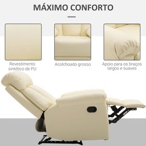 Poltrona Relax Reclinável Estofado em PU Poltrona de Sala de Estar com Apoio para os Pés Retrátil 80x97x107cm Bege