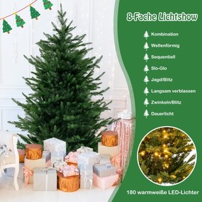 Árvore de Natal artificial de 180 cm com 8 modos de luz e 280 luzes LED brancas quentes