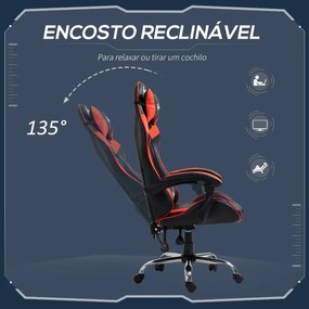 Cadeira Gaming Ergonômica Cadeira para Videojogos Reclinável com Altura Regulável Apoio para a Cabeça e Almofada Lombar 63x67x119-127cm Vermelho e Pre