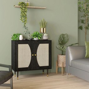 Aparador de cozinha com design boémio, duas portas e dois níveis, frente em rattan, 80 x 38 x 79 cm, preto