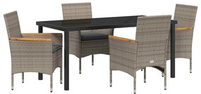 Conjunto de Jantar de Jardim de 5 Peças com Almofadas Cinza em Rattan