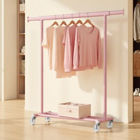 Charriot guarda roupa aberto com rodas 45 x (92-132) x 161,5 cm (P x L x A), barra extensível para roupa Rosa