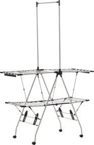 Estendal de roupa dobrável com rodas, ampla área de secagem, aço inoxidável, 138,5 x 63 x 208 cm, prateado e preto