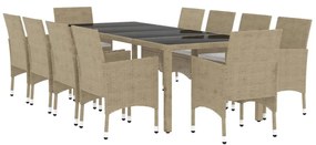 11 pcs conjunto de jantar para jardim vime PE bege
