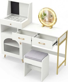 Toucador com espelho e luzes reguláveis 136 x 43 x 127,5 cm, mesa de vidro com 3 gavetas, ranhuras para anéis e ganchos, com porta e banco branco