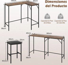 Conjunto de Mesa de Bar e 2 Cadeiras, 120 x 80 x 98 cm, Estação de Carregamento Integrada, Castanho