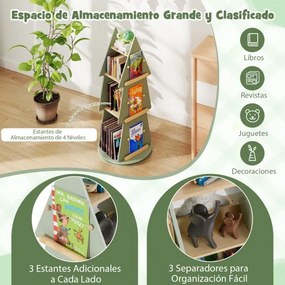 Estante para livros infantis Ø48 x 102 cm giratória 360° Carrossel de livros para crianças com 4 níveis em forma de árvore verde
