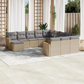 12 pcs conj. sofás jardim c/ almofadões vime PE bege misturado