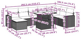 9 pcs conjunto sofás p/ jardim com almofadões vime PE cinzento