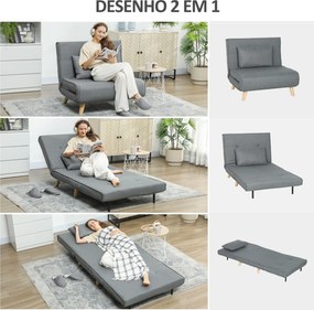 Poltrona 2 em 1 Sofá Cama Individual Dobrável com Encosto Ajustável e Almofada Carga 125 kg 90x78x79 cm Cinza