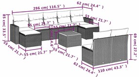 10 pcs conjunto sofás de jardim c/ almofadões vime PE preto