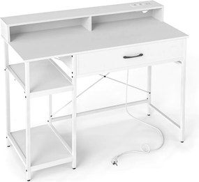 Secretária para computador 106 x 48 x 90 cm com tomadas com armário superior, gaveta e 2 prateleiras abertas Estrutura branca