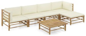 6 pcs conj. lounge p/ jardim em bambu c/ almofadões branco nata