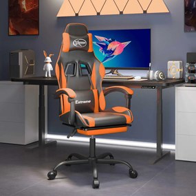 vidaXL Cadeira gaming c/ apoio p/ pés couro artificial preto e laranja