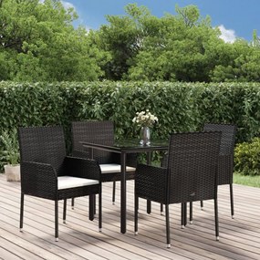vidaXL 5 pcs conjunto de jantar p/ jardim c/ almofadões vime PE preto