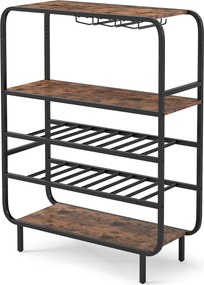 Garrafeira com capacidade para 16 garrafas 90 x 35 x 117 cm, 5 níveis e suportes para copos; Estrutura metálica industrial; prateleira de arrumação em