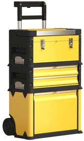 Caixa de Ferramentas Empilhável 3 em 1 Caixa de Ferramentas com Rodas Carro de Ferramentas de Aço  52x32x72 cm Amarelo e Preto