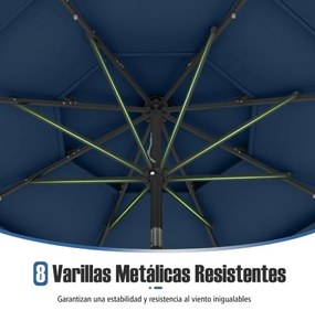 Guarda-sol Jardim de 313 cm com 32 luzes LED Teto ventilado de 3 níveis Ajuste de inclinação Azul Marinho