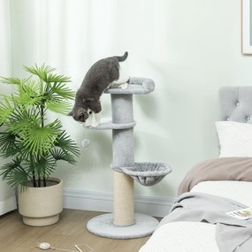 Arranhador para gatos em forma de barril com arranhador de sisal, rede, plataforma e bola de brincar, Ø 48 x 103,5 cm, cinzento claro