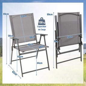 4 cadeiras jardim dobráveis com encosto alto Cadeiras de jantar para exterior em metal de tecido resistente Jardim Piscina Cinzento