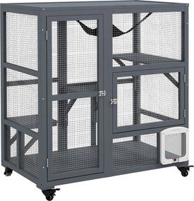 PawHut Gaiola Interior para Gatos em Madeira com Rodas, Portas, Plataformas de Salto, Rede e Topo Basculante, 110x100x60 cm, Cinzento | Aosom Portugal