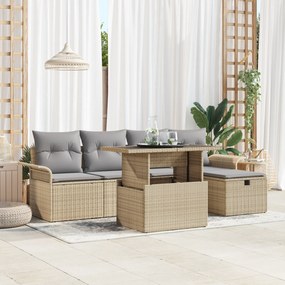 Conjunto de Sofá para Jardim com 6 Peças e Almofadas Bege Rattan Polím