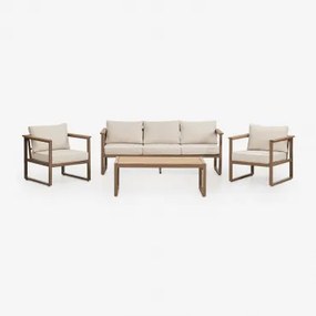 Conjunto De Jardim Com Sofá De 3 Lugares, 2 Poltronas E Mesa De Centro Em Alumínio E Madeira De Acácia Lipov Moka Brown - Sklum