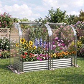 Estufa urbana 180 x 90 x 30 cm com estufa de PVC transparente, floreira de metal galvanizado, 2 janelas enroláveis, floreira coberta , prateado