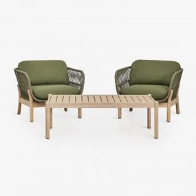 Conjunto De Jardim Com 2 Poltronas E Mesa De Centro Em Madeira De Acácia E Corda Trançada Karvia Bouclé Verde Sálvia - Sklum