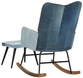 Cadeira de balanço com apoio de pés remendos lona azul denim
