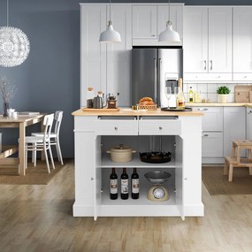 Ilha de cozinha com arrumação 120 x 61 x 92 cm Bancada de madeira Gavetas Prateleiras laterais 2 portas e 3 níveis de prateleiras ajustáveis Branco