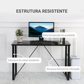 Secretária com Bancada de Vidro Temperado Carga Máxima 80kg Estilo Moderno para Escritório Estúdio Dormitório 120x60x74,5cm Preto