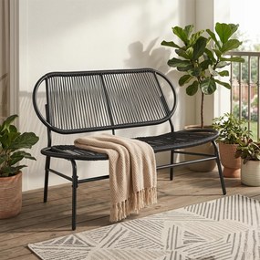 Banco de jardim para 2 pessoas com assento e encosto em rattan PE 118 x 68 x 79 cm, Estrutura metálica, design com ripas, para terraço ou alpendre, Pr