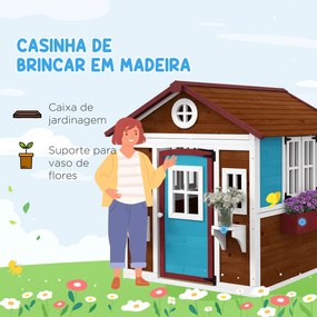 Casinha de Madeira Infantil com Porta Janelas Floreiras e Prateleiras com Detalhes de Cor 114x126,4x135 cm Castanho Escuro