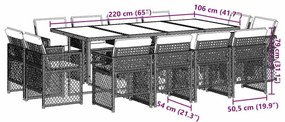 13 pcs conj. jantar jardim c/ almofadões vime PE cinzento-claro