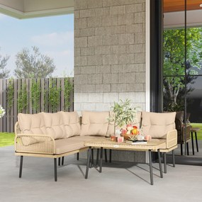 Conjunto de Jardim de Vime Sintético de 4 Peças Inclui 2 Sofás de 2 Lugares 1 Canto de Sofá 1 Mesa de Centro Madeira e Bege
