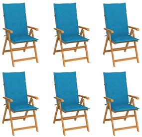 Cadeiras de jardim c/ almofadões azuis 6 pcs teca maciça