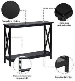 Mesa consola rústica com 2 níveis e prateleira em X para entrada, corredor e sala 100 x 30 x 80 cm preta