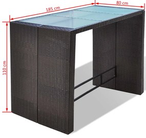 7 pcs conjunto bar para jardim c/ almofadões vime PE castanho