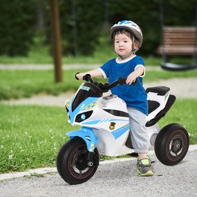 Andador  para crianças com tema de moto de corrida, efeitos sonoros e luminosos, porta-bagagens, azul e branco