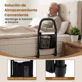 Barreira de cama para idosos 61 x 28 x 52,5 cm com pega de segurança, luz com sensor de movimento e bolso; barreira anti-queda preta